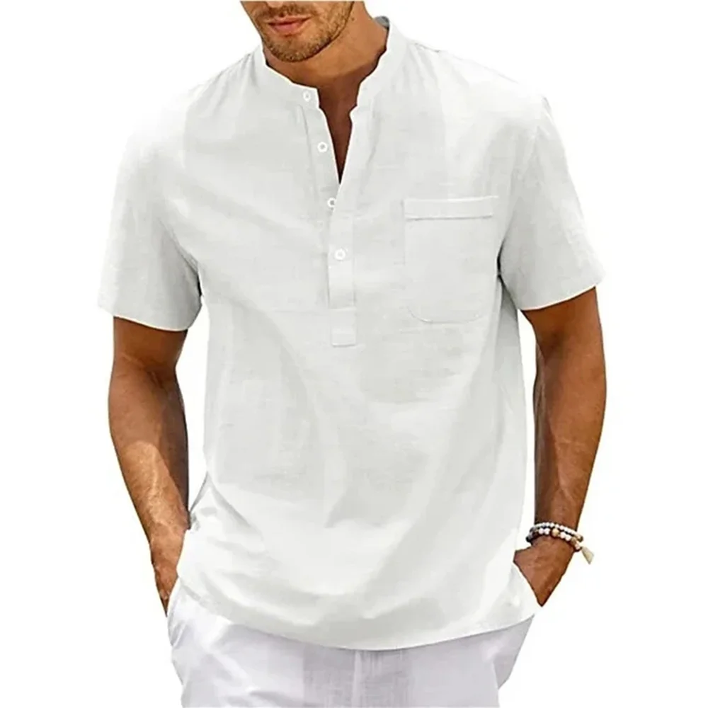 Katoenen Linnen Shirt Mannen Henley Hals Zak Casual Strand Korte Mouw Effen Kleur Mannelijke Tops T-Shirts Vintage Streetwear