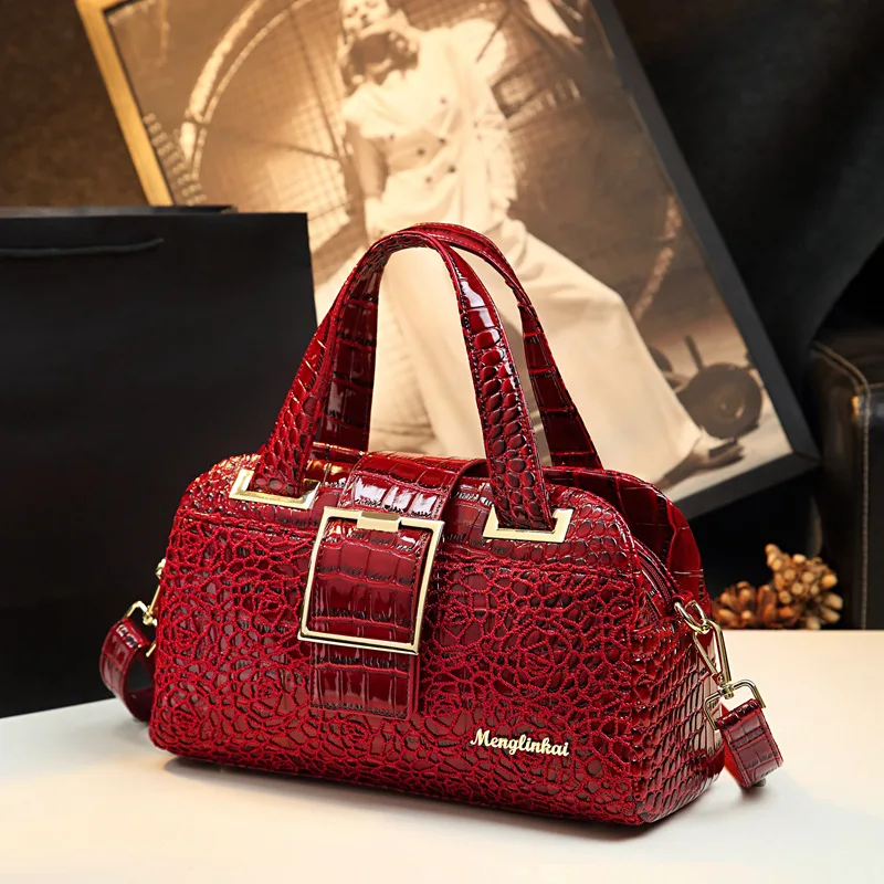 Spring patent leather lace crocodile pattern metal buckle handbag banquet dress large-capacity one-shoulder cross-body women bag