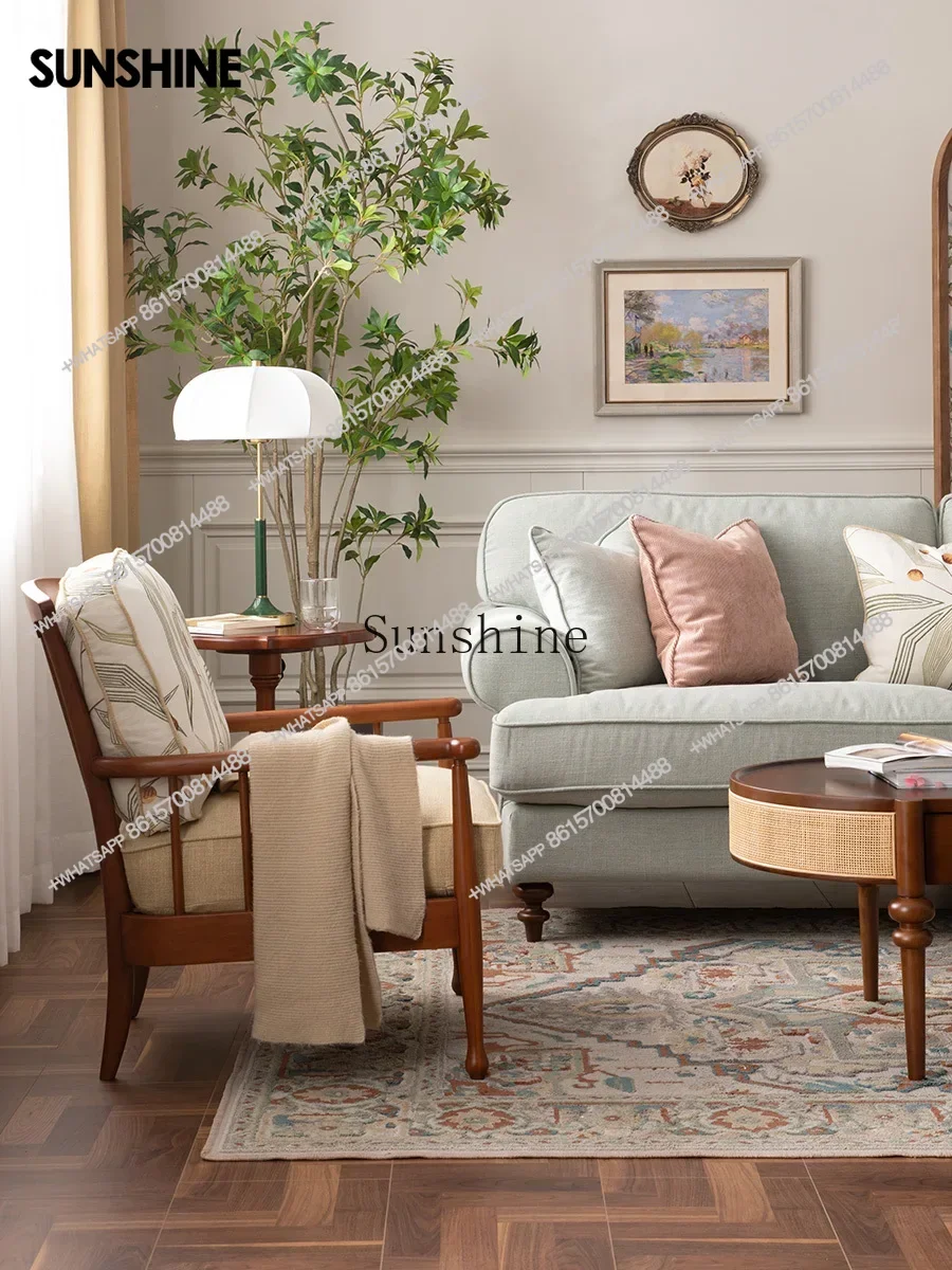 

Retro cream style log style small apartment living room leisure chair lamb wool solid wood single sofaX