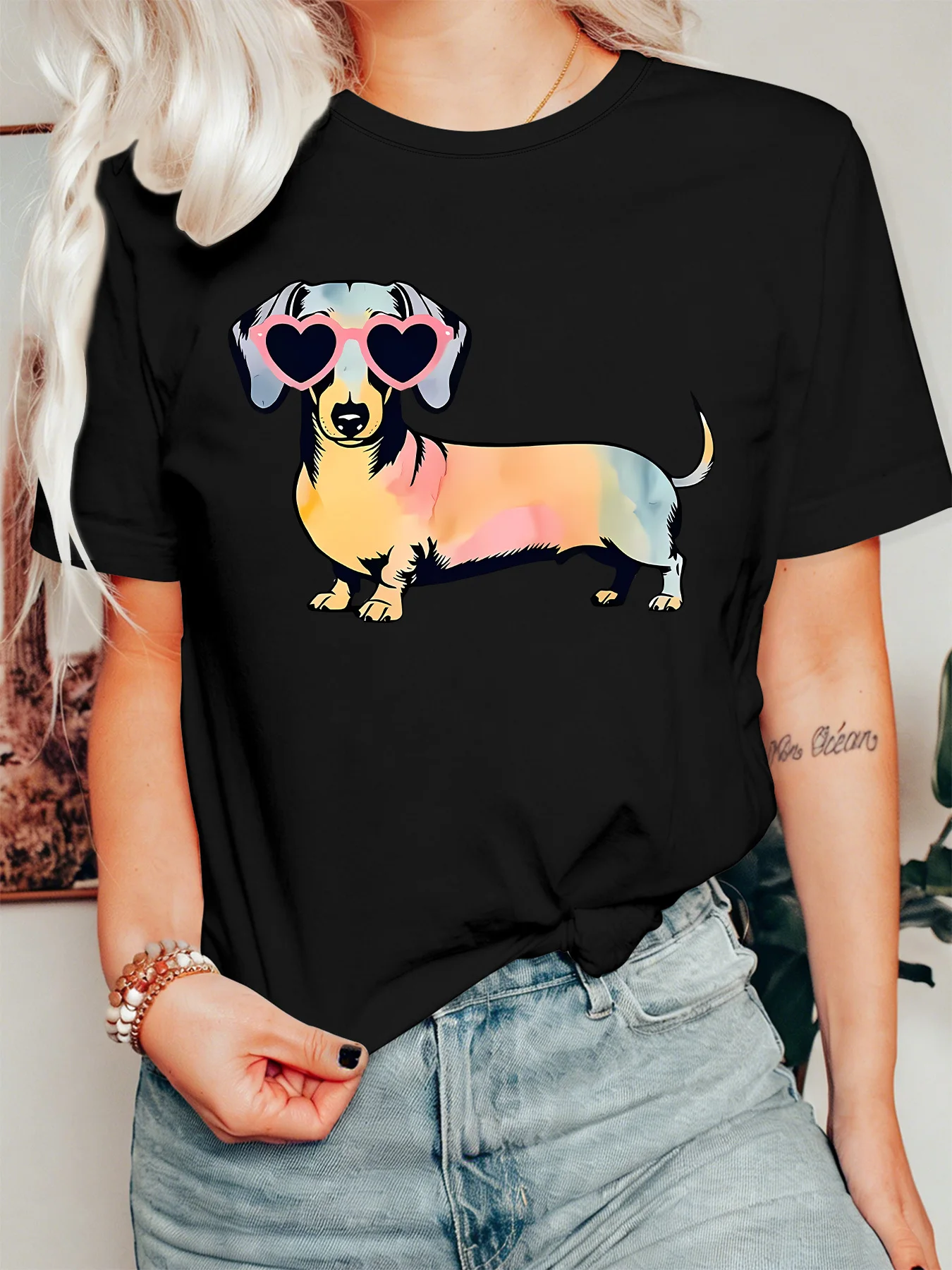 Cool Tie Dye Dachshund Womens Crew Neck Short Sleeve T Shirt Heart Sunglasses Pet Dog Fun Cartoon Casual Graphic Tees For Ladies