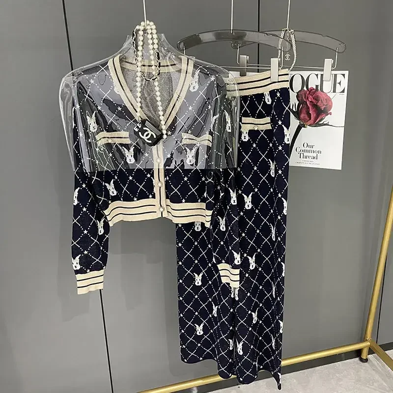 Nowa jesienna dzianinowa damska garnitur moda z dzianiny Socialite V-neck sweter krótki Top + spodnie szerokie nogawki zestawy dwuczęściowy strój