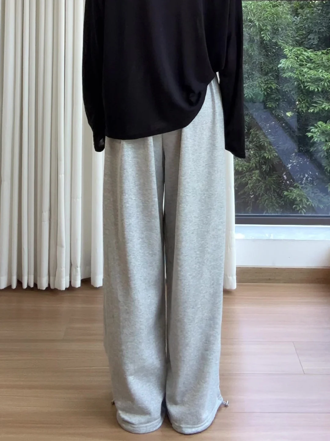 Laid-back Grey Drawstring Wide Leg Pants Women's High Waist Cover Hip Casual Slim Straight Floor-Length Sweatpants