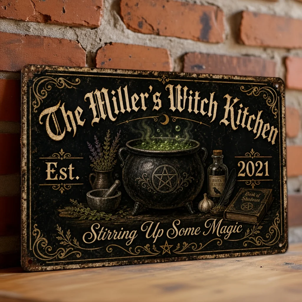Personalized Metal Sign Witch Kitchen Home Decor Wall Hanging for Halloween Party, Gothic Room, Bar, Haunted House Decor