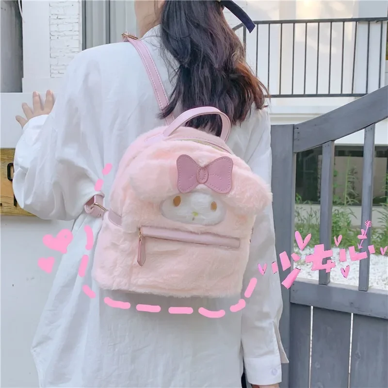 Sanrio Plush Fashion Backpack Kawaii Cartoon Kuromi Hello Kitty Cinnamoroll Melody Fluffy Schoolbag Cute Birthday Gifts for Kids