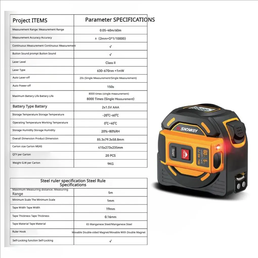 SNDWAY SW-TM60 Laser Distance Meter Tape Measure Hunting Multi Function Self-Locking Hand Tester Tool Device Digital Rangefinder