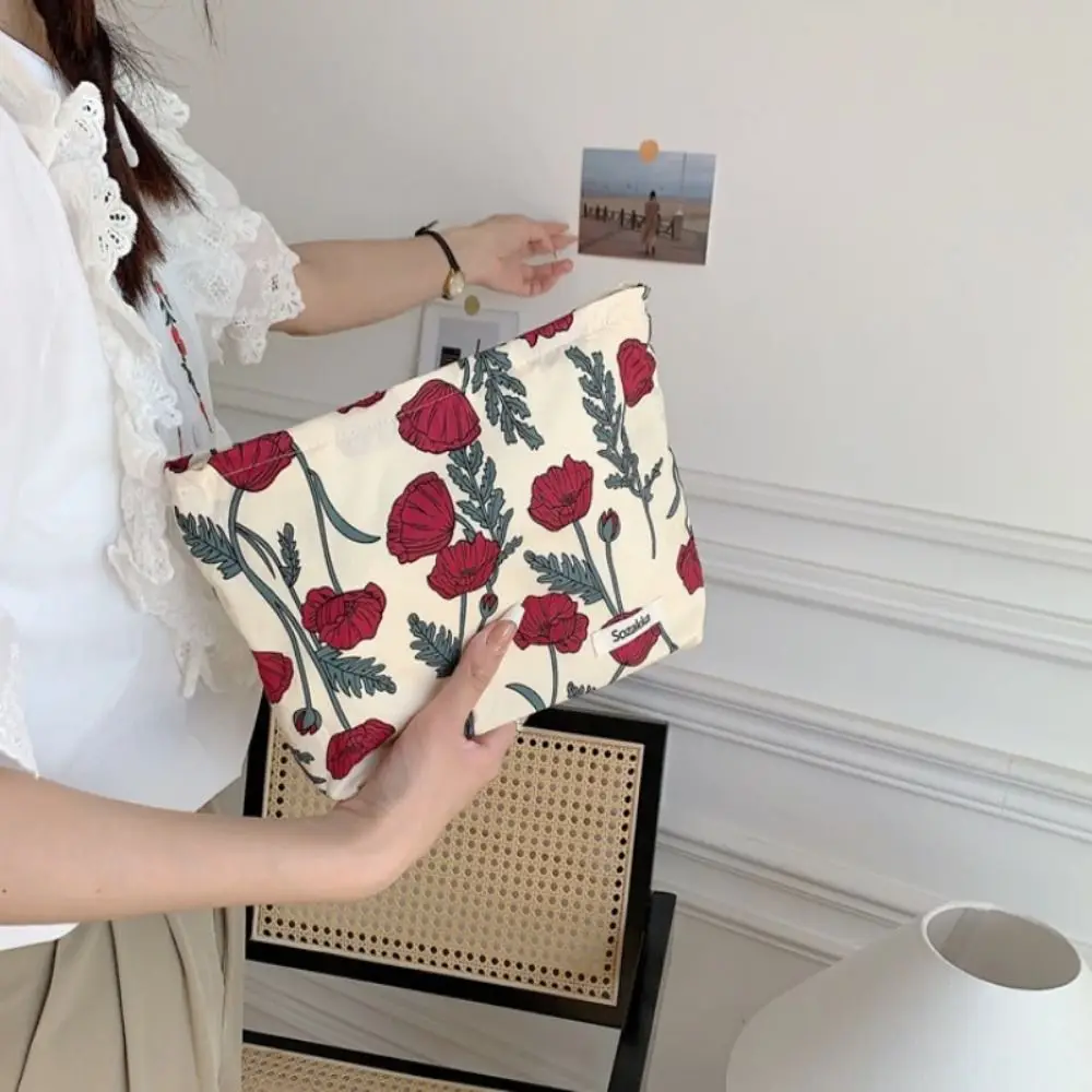 Women Cute Floral Cotton Makeup Bag Lipstick Bags Purse Zipper Bag Pocket Clutch Bag Storage Bag Outdoor Shopping Accessories