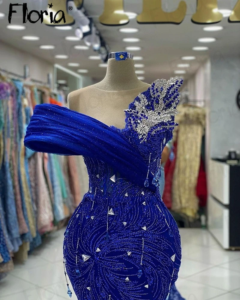 Personalizado fora do ombro frisado Dubai vestido de festa, Vestidos formais elegantes do baile, Vestidos de noite de casamento, Sereia azul royal, 2023, novo