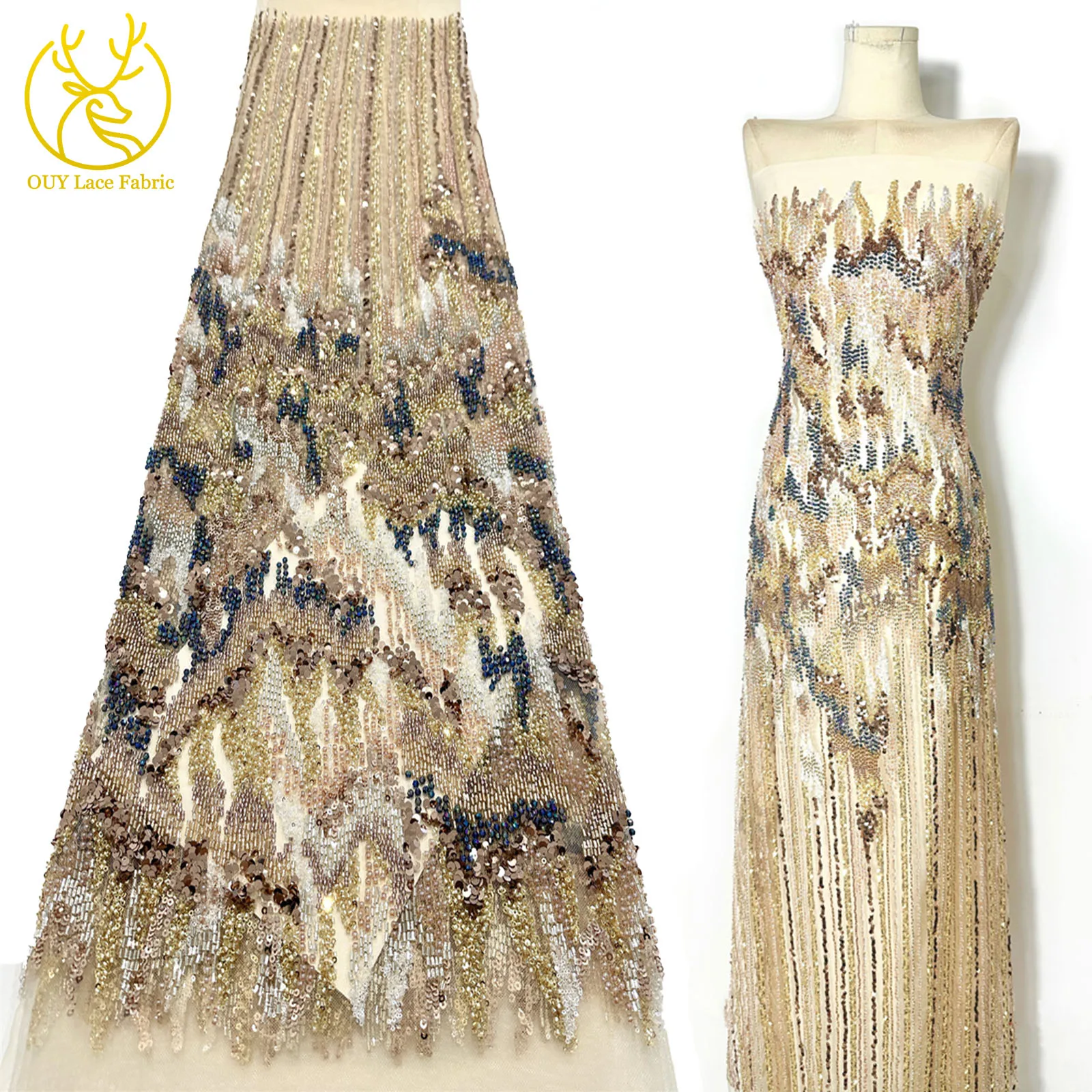 

Gold Luxury African Handmade Beaded Lace Fabric 2025 High Quality French Sequins Groom Nigerian Tulle Lace Fabric Party Dresses