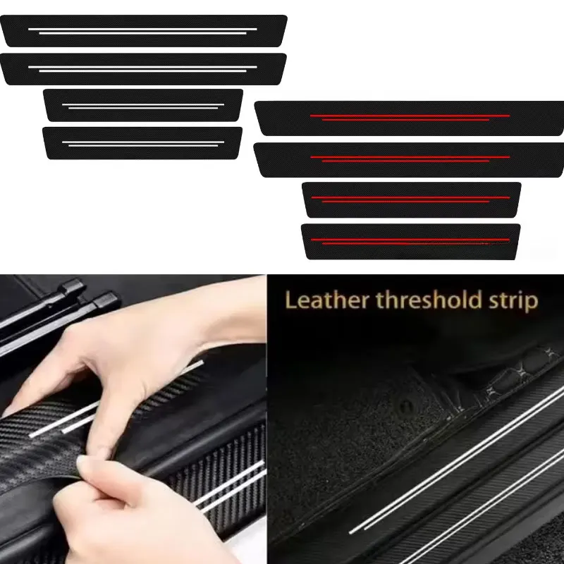 4PCS Carbon Fiber Leather Threshold Protector Universal Door Edge Protection Strip Waterproof Anti-scratch Auto Accessories