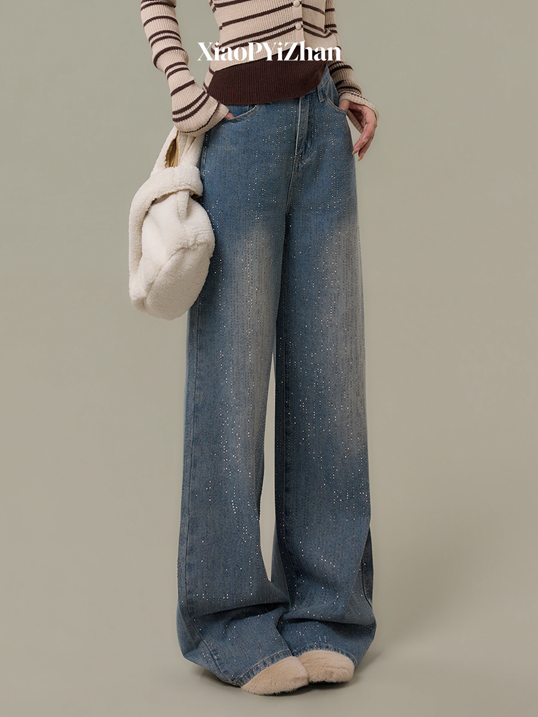 

iny Star River Rhinestone Embellied High Waist Loose Wide Leg Straight Cut Jeans Women's Casual High Waist Straight Leg J...