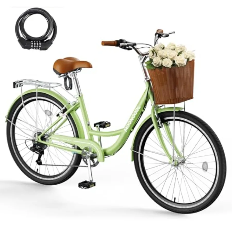

Women's 7 Speed Beach Cruiser Bike 24 26 inch with Rattan Basket Rack Step Through City Bike for Adults Women Commuting Bicycle