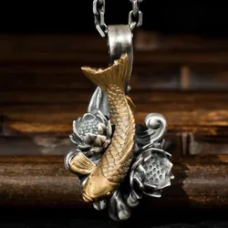 Exquisite Retro Lotus Necklace Carved Carp Jumping Dragon Gate Pendant Men and Women Amulets Bring Good Luck Jewelry Accessories