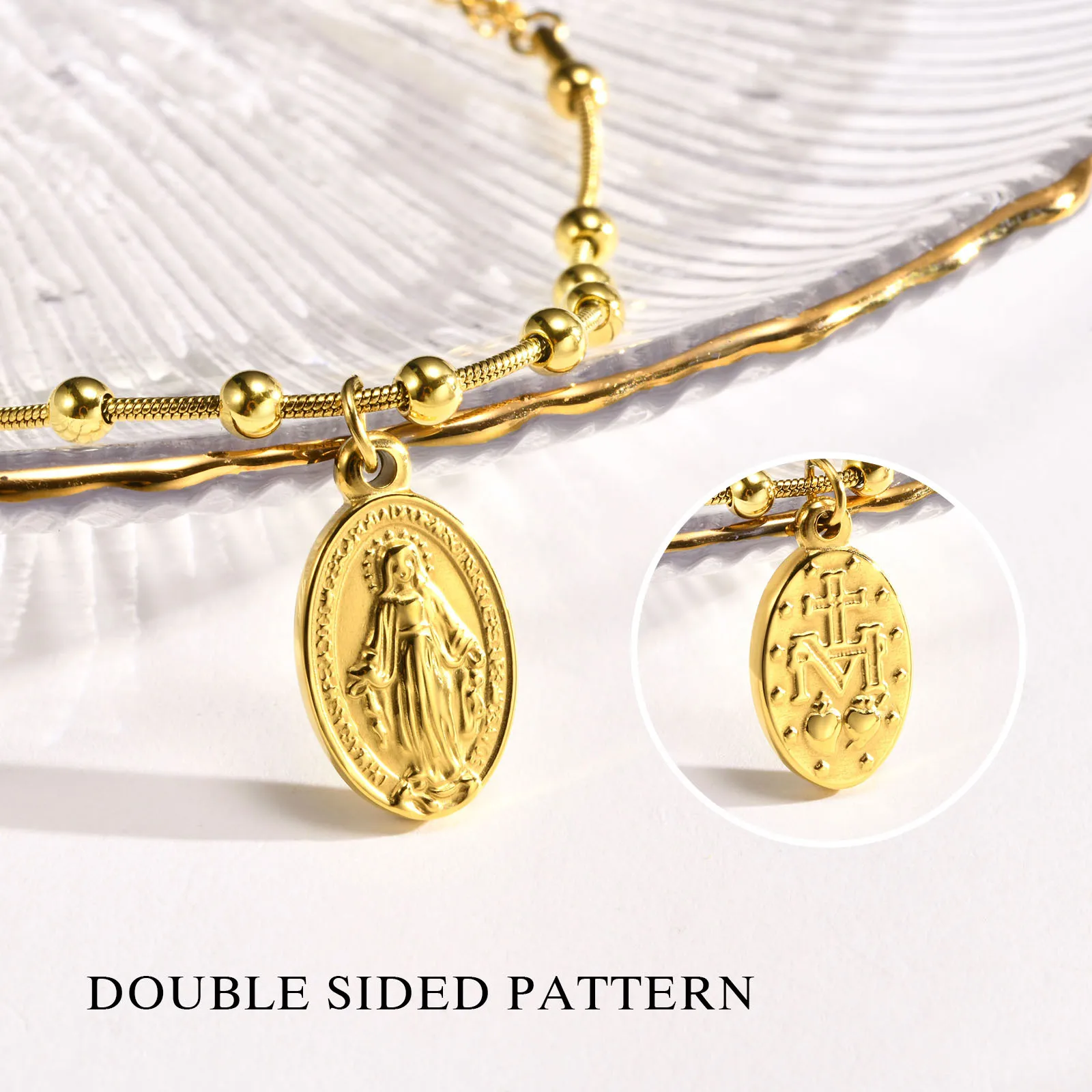 Virgin Mary Rosary Cross Bracelet for Women, Beaded Chain Stainless Steel Adjustable, Religious Jewelry