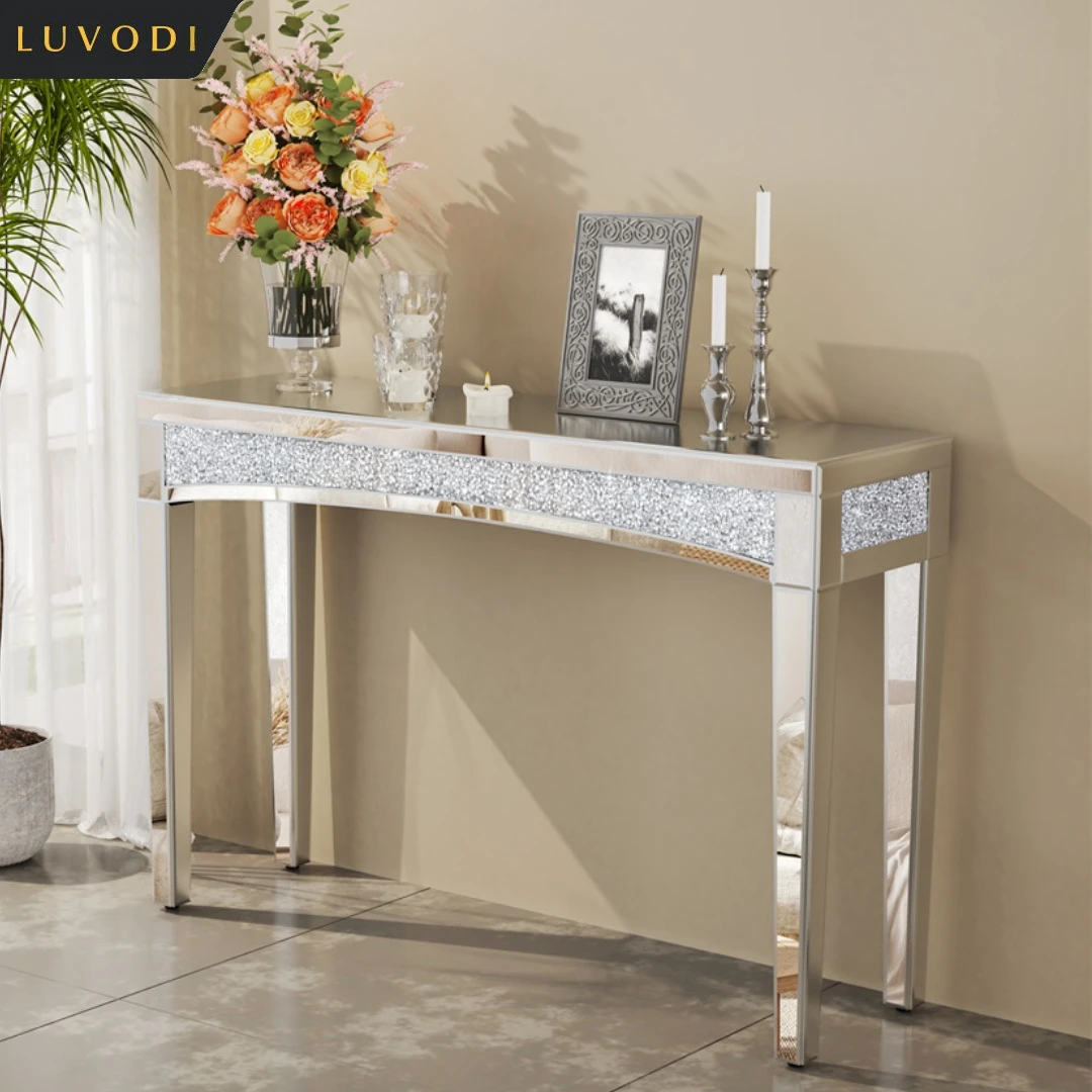 LUVODI 47.2” Long Mirrored Entryway Table Silver Sparkle Crush Diamonds Console Table Behind Sofa for Living Room Bedroom Decor