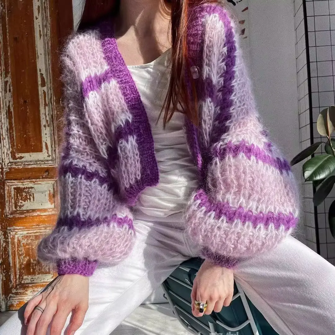 Mohair Sweater with Stripe for Women, Loose Knitted Cardigan, Rainbow Contrast, Lazy Top, New Network, Spring and Autumn, 2024