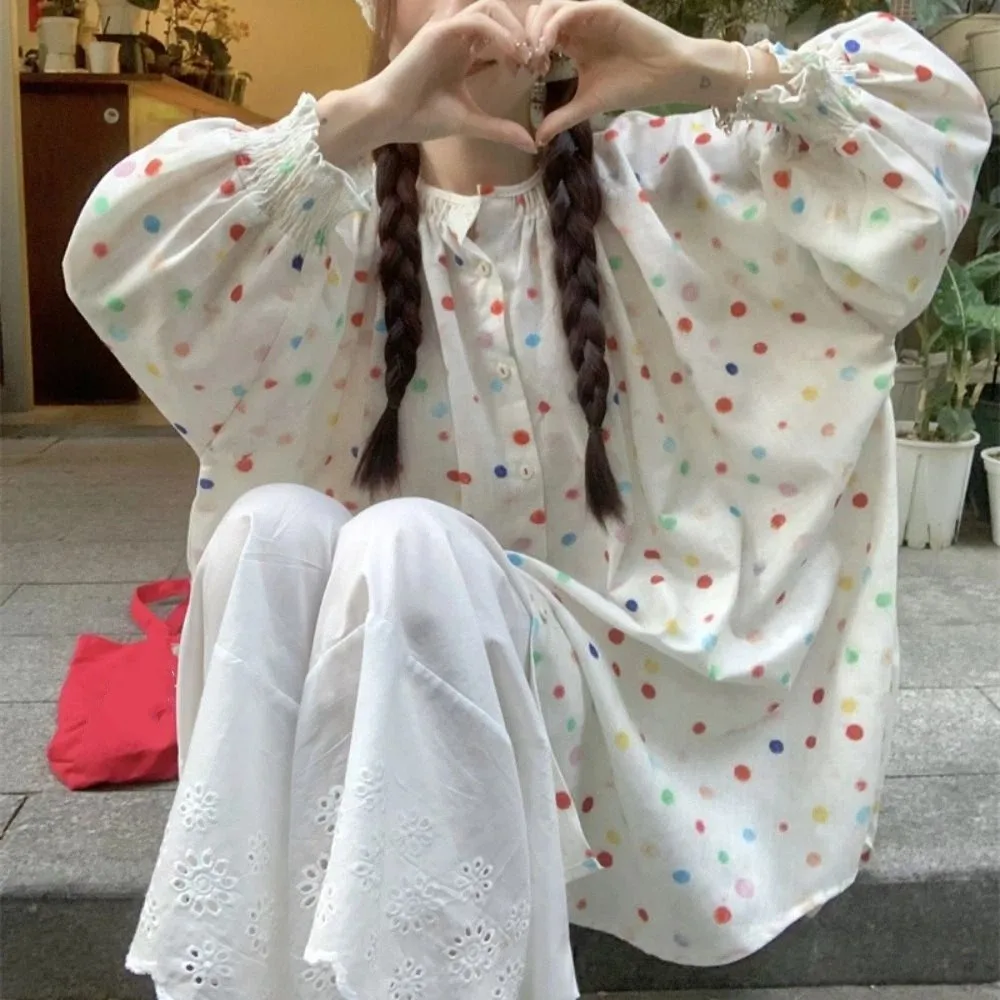 레트로 스위트 컬러풀 도트 블라우스 루즈 캐주얼 긴팔 셔츠 얇은 인스 플리츠 셔츠 탑 봄 가을