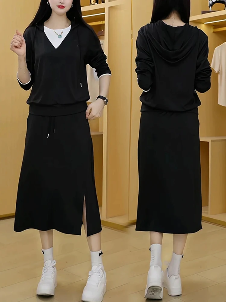 Conjunto de dos piezas de Top y falda coreana para mujer, camiseta larga ajustada de cintura alta, novedad de otoño