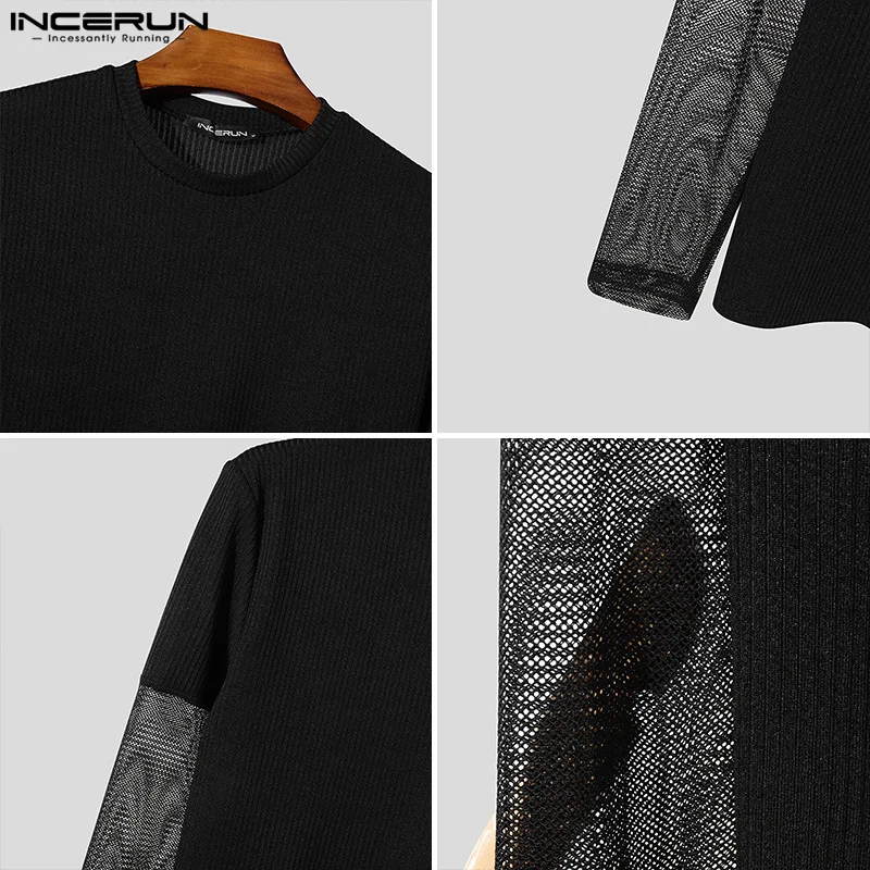 Stylish Casual Style Tops INCERUN Men Tight Fitting Patchwork Mesh T-shirts Sexy Male Hot Sale Long Sleeved Camiseta S-5XL 2024