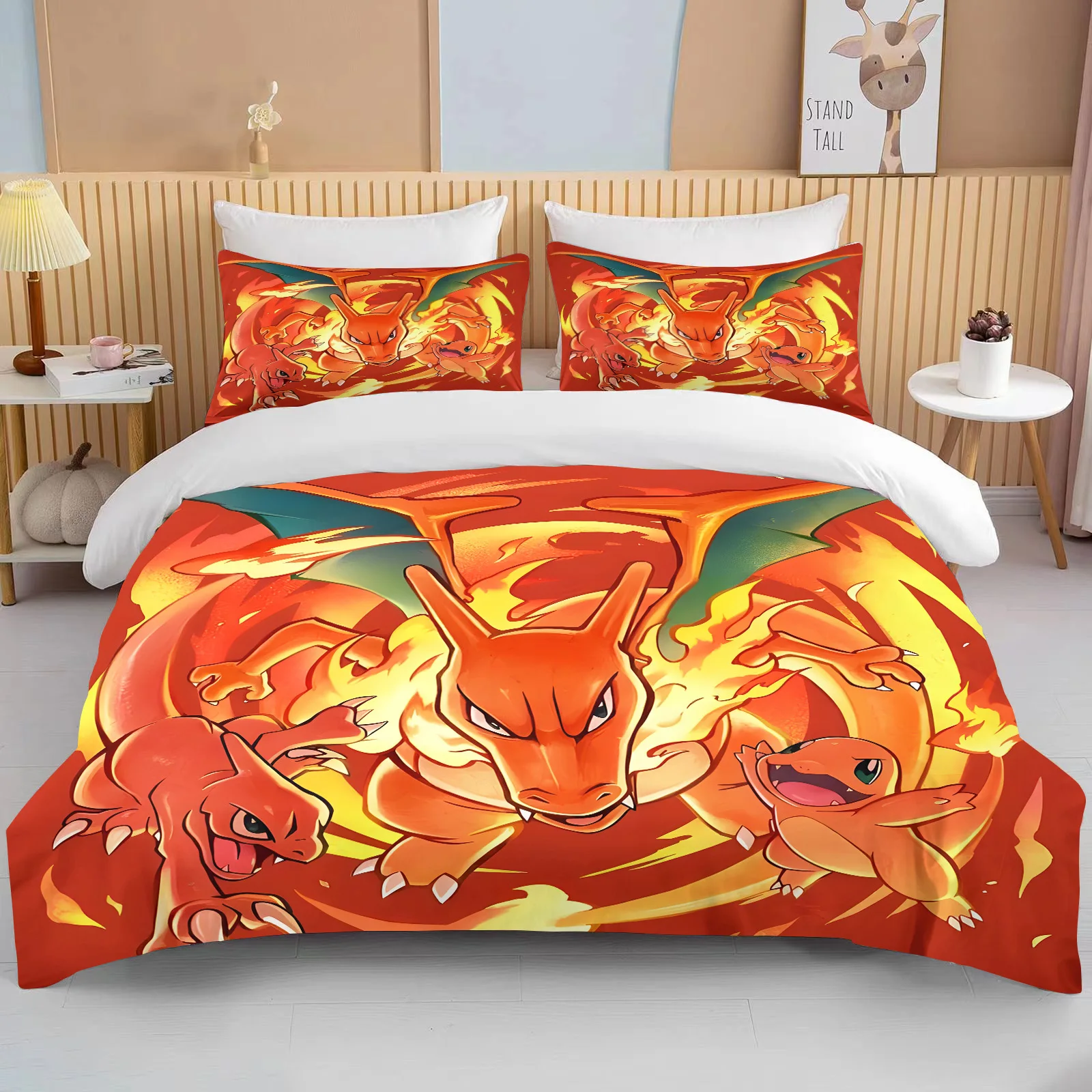 

3PC Pokémon Charizard Printed Bedding Set Cartoon Microfiber Bed Set Pillowcase Adult Bed Cover Bedroom Bed Set for Gifts