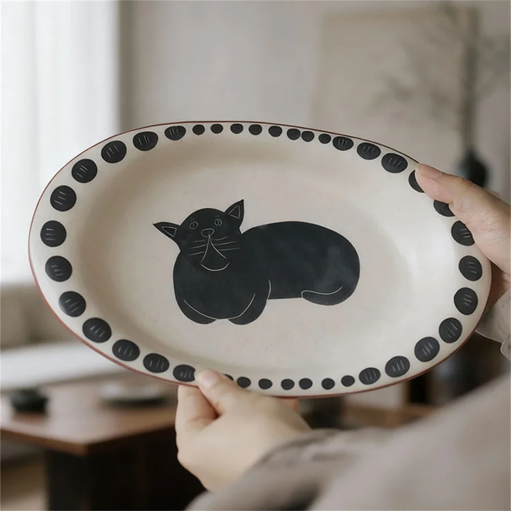 Matte Ceramic Tableware Fish Oval Dessert Kitchen Accessories Spaghetti Pizza Cartoon Cat Printed Cup And Saucer Plate Tableware