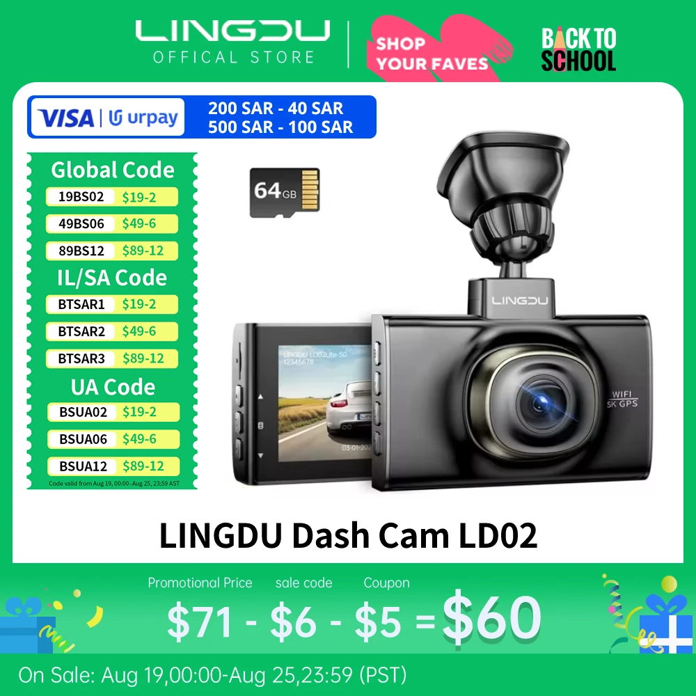 

LINGDU LD02-1CH 5K Dash Cam 3inch IPS Screen Car DVR With 64G TF Card 5.8Gh WiFi GPS Dashcam Voice Control 24H Parking Monitor