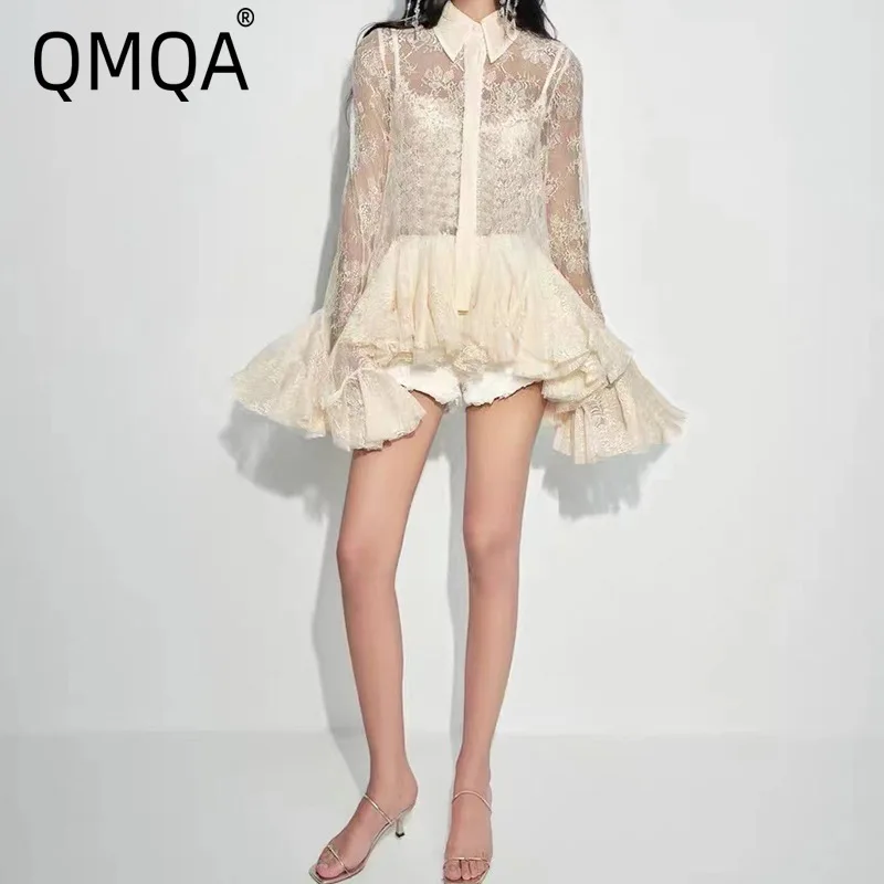 QMQA Fashion Women's Sheer Splice Ruffles Lace Mini Dress Beaded Lace Lapel Petal Flared Long Sleeve Elegant Shirt Dresses QM831