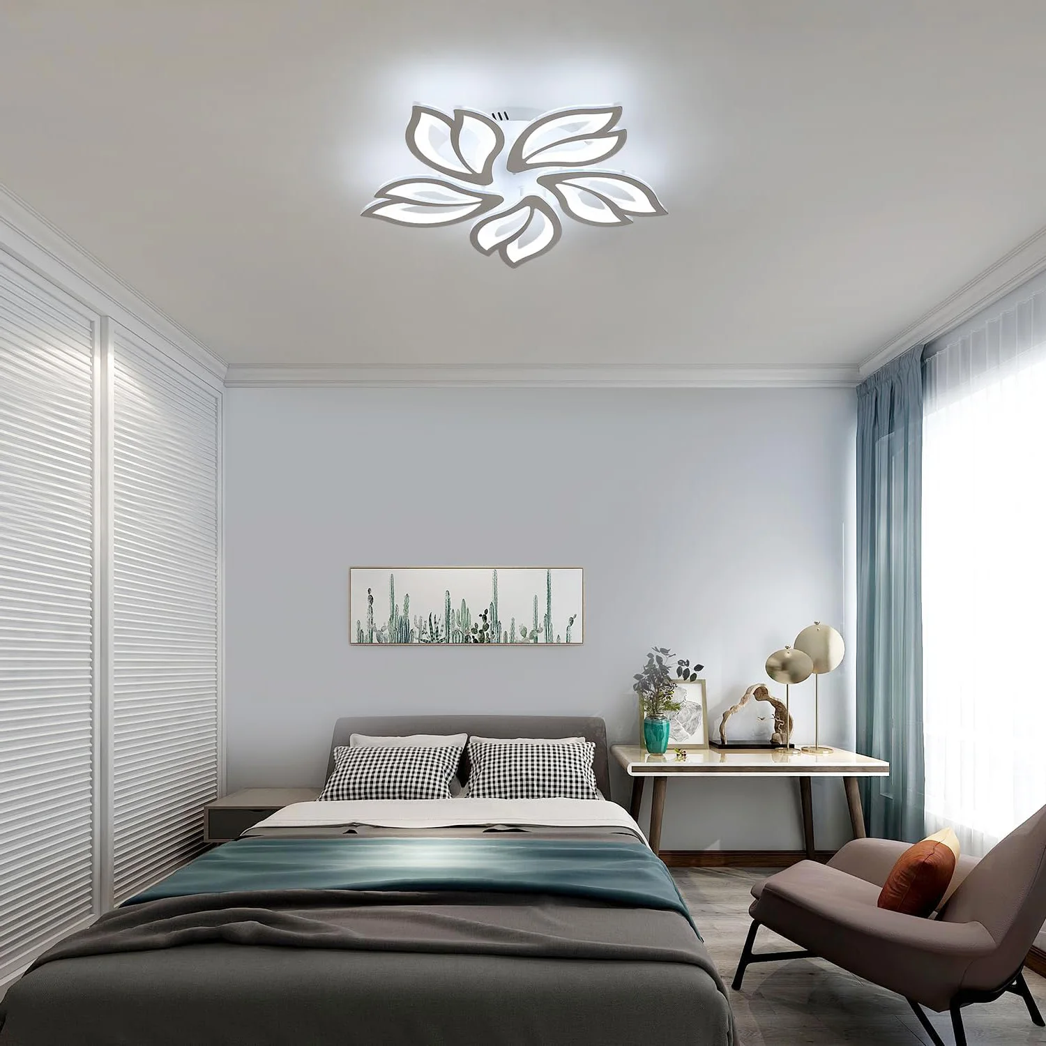 LED-Deckenleuchte, 45W Moderne LED-Deckenlampe Dimmbar mit Fernbedienung, Weiße 5-Blüten-Acryl-Deckenleuchte für Wohnzimmer – Detail 7
