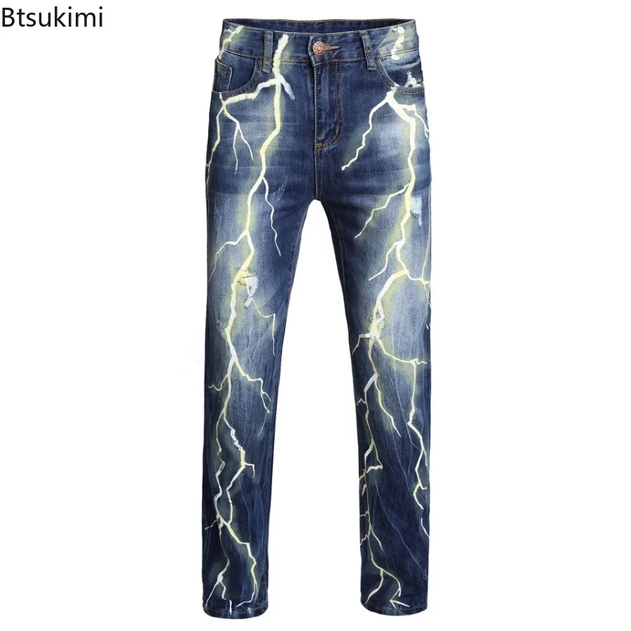 2025 Fashion Jeans for Men Lightning Printed Tie Dye Elastic Slim Fit Denim Trousers Trend Streetwear Casual Hip Hop Male Pants