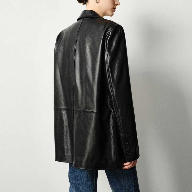 Mantel Blazer Kulit Domba Tingkat A Kualitas Tinggi 2025 Jaket Setelan Kulit Asli Pakaian Jalanan Longgar Kasual Wanita Merah Kopi/Anggur Mode