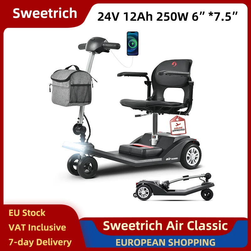 SWEETRICH Monopattino Elettrico Pieghevole Air Classic 250W 24V 12Ah con Pneumatici da 6-7.5 Pollici per Anziani, E-scooter con Rotazione a 360 Gradi 
