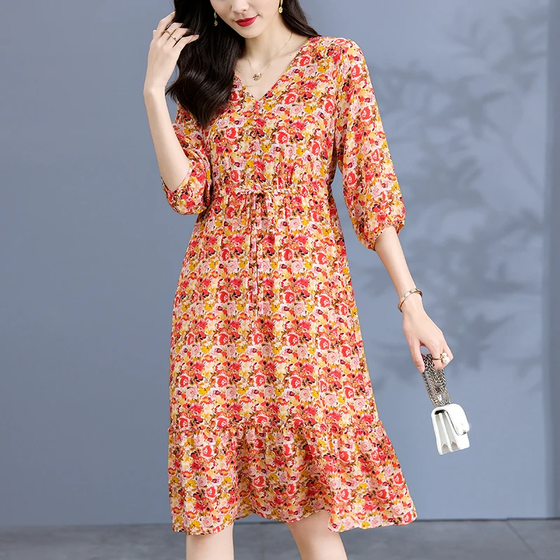 

100% Real Silk Women's Floral Dress 2024 Spring Summer V-neck Elegant Dresses For Women Ruffles Woman Print Long Dress A-line