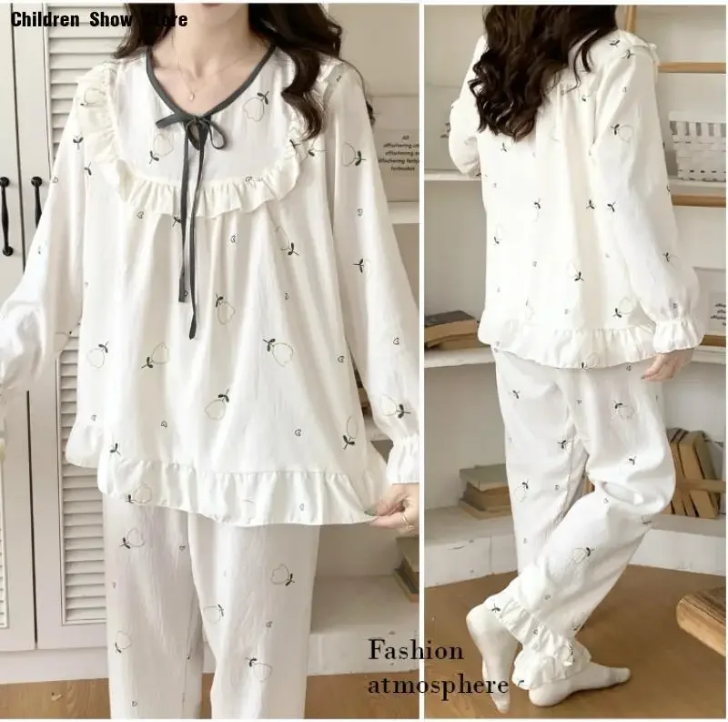 Pijama amarelo claro com calças femininas, doce, gola com babados, calças, terno de algodão estampado, pijama despeje femme, roupa de dormir solta