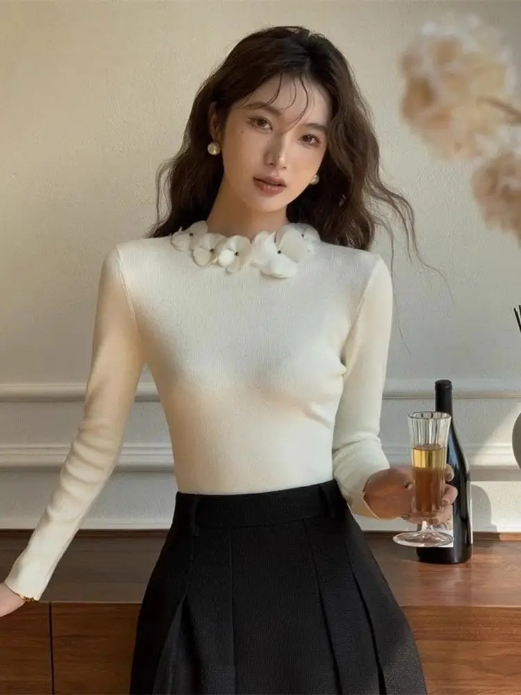 KUSAHIKI Elegant Flowers Stand Neck Slim Pullover Knitwear Tops 2024 Spring New Bottoming Women Knitted Sweater Sueter Mujer