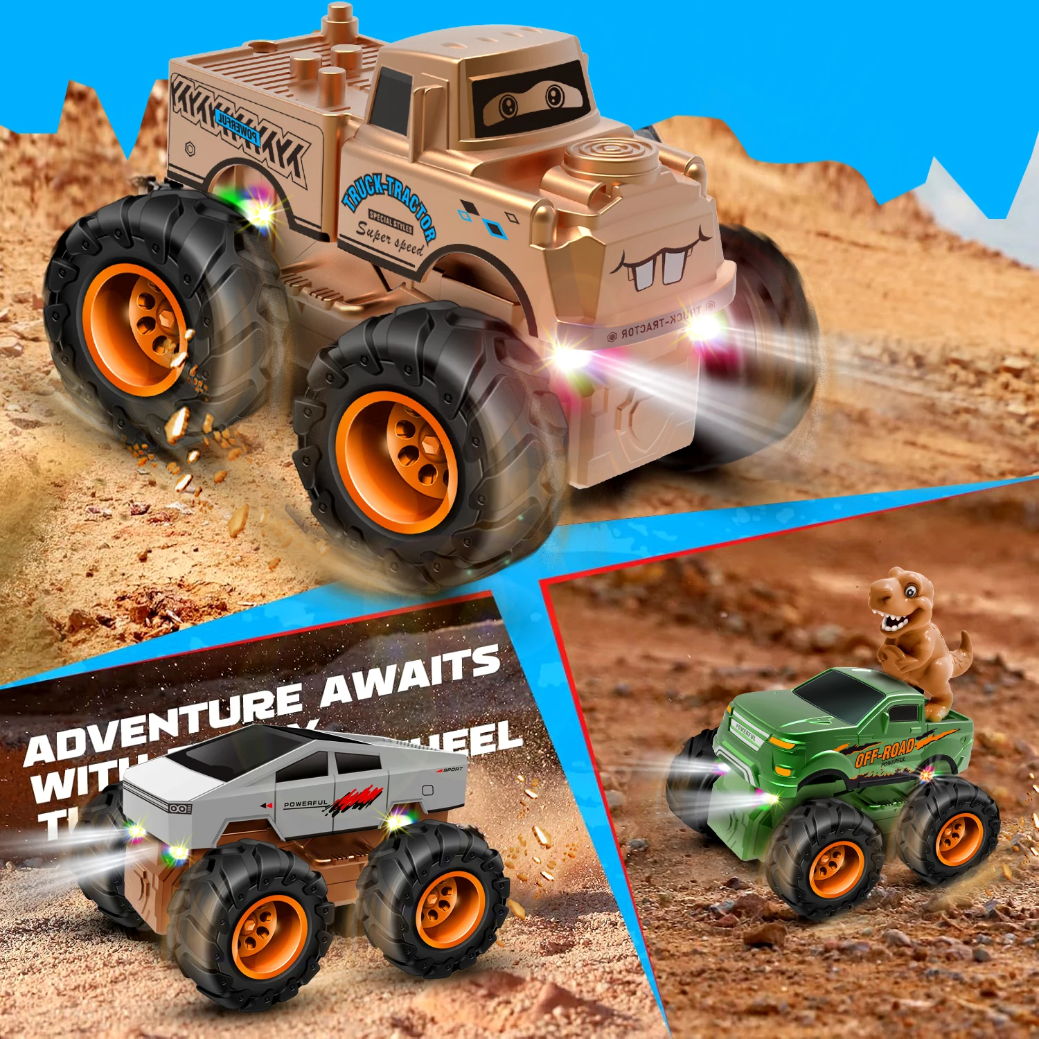 Light-Up Truck Toy Car Multiple Options- T-Rex And Dino Figures for Boys - Educational Transport Game Birthday Gift