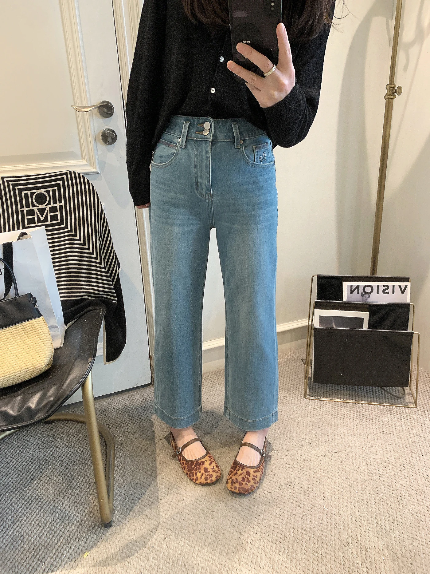 

High Waist Straight Leg Jeans Women's Faion Spring New Korean Sle Slimming Nine Point Cigarette Pants Coated Denim Fabric
