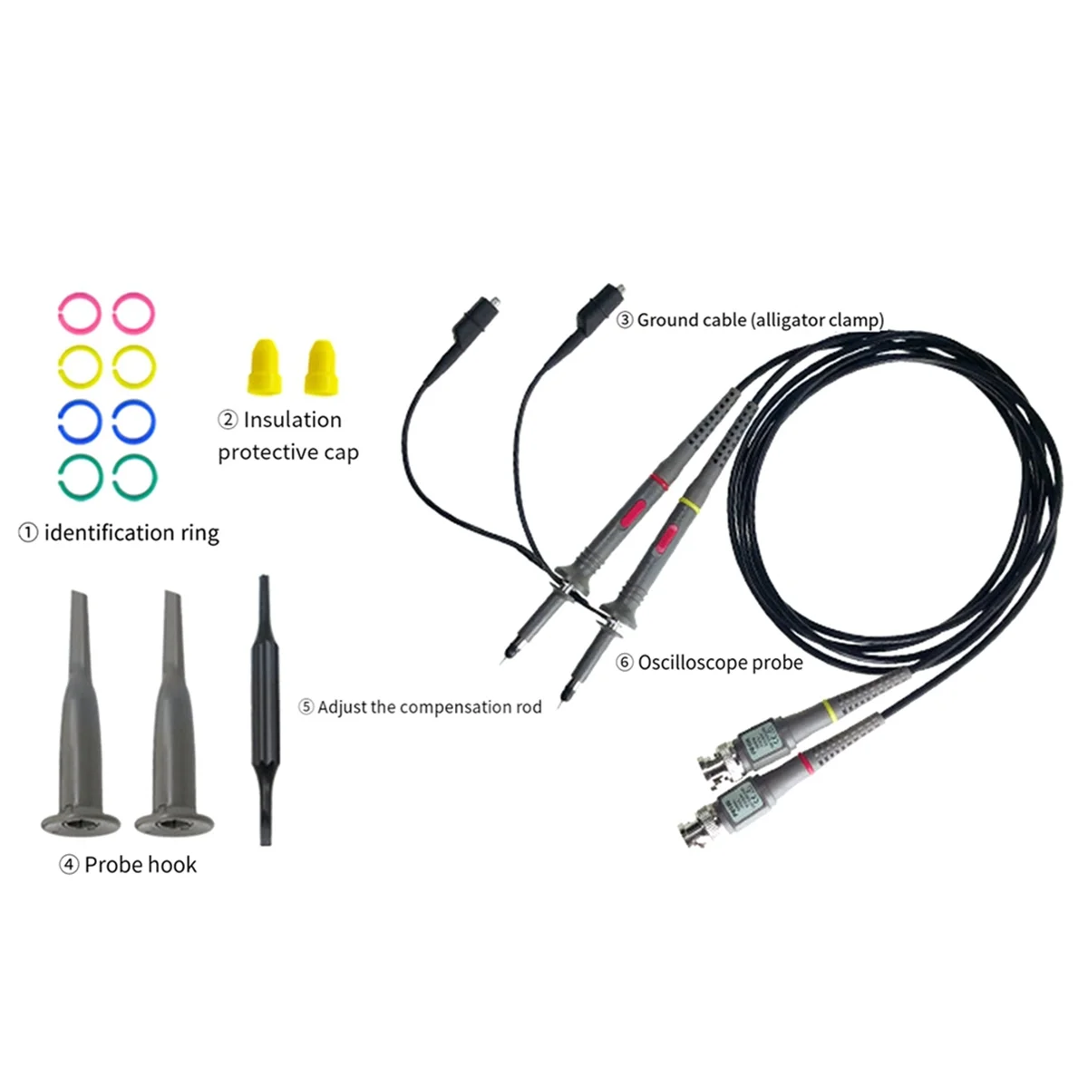 2 Pack Universal P6100 Oscilloscope Probes 100MHz, Oscilloscope Clip Probes 1X 10X with Accessories