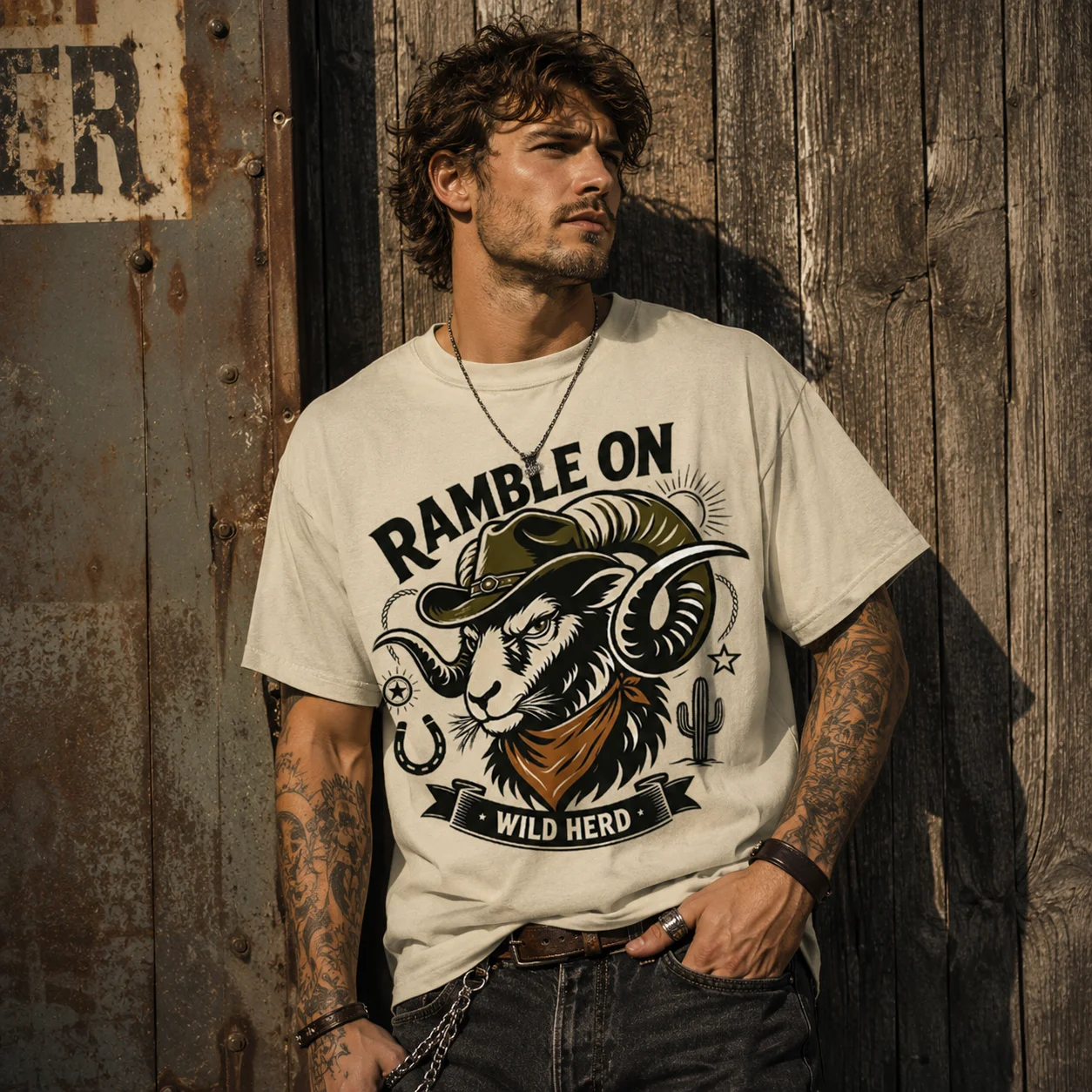 Ramble On Wild Herd Cowboy Graphic T Shirt for Men Western Bull Rider Rodeo Vintage Streetwear Casual Tee ﻿