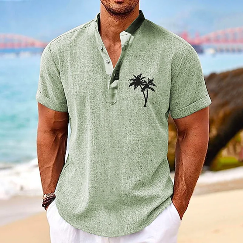 

New Hawaiian Shirt For Mens 3d Coconut Tree Print Summer Clothing Short-Sleeved Top Vacation Apparel Oversized Male Henley Shirt