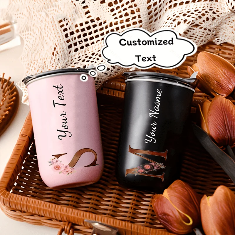 Custom Floral Monogram Initial Tumbler, Personalized Text Stainless Steel Travel Cup with Lid, Reusable Coffee Mug. 4