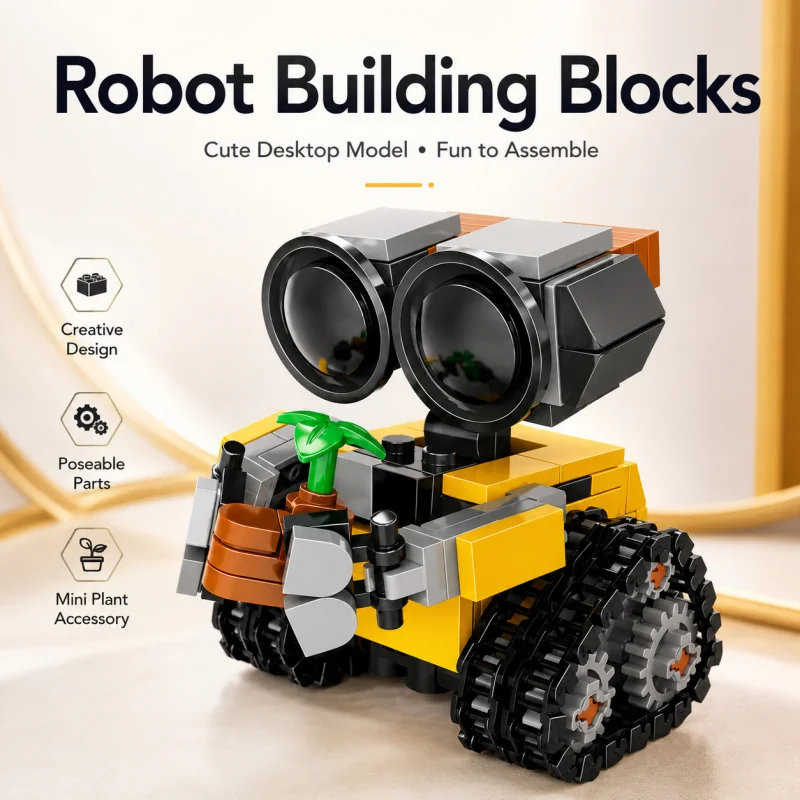 Mini Robot Building Blocks Set, Cute Tracked Brick Robot Model with Plant Accessory, Creative Desktop Display Toy Gift view 4