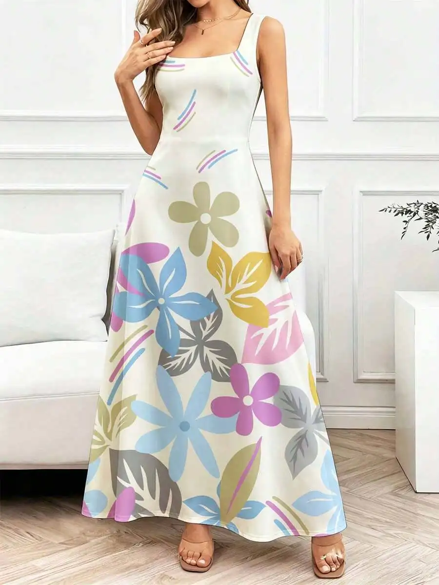 

Floral Print Square Neck Maxi Dress Colorful Flowers Leaves Pattern Sleeveless Elegant Casual Dress