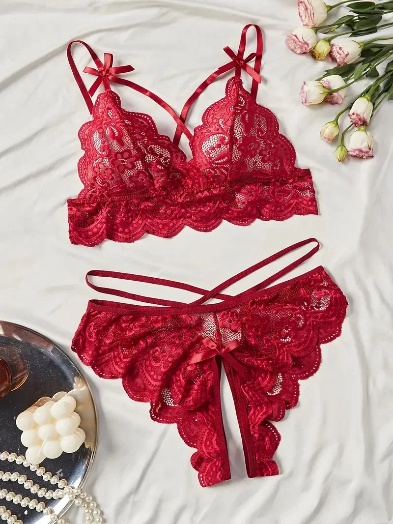 Passionate Red Lace Bra Sets Seductive Sexy Lingerie Crotchless Panties And Bra Set Irresistible Romance See-Through Underwear