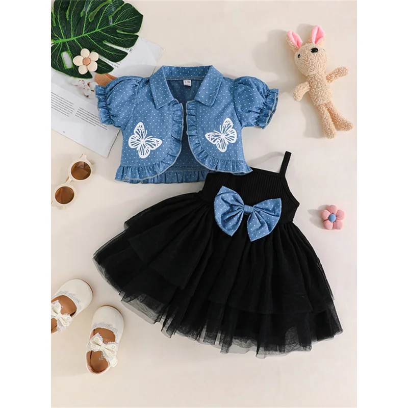 

Girls' Summer Clothing Tulle Spaghetti Strap Bow A Dress-Point Butterfly Print Short Puff Sleeve Cardigan