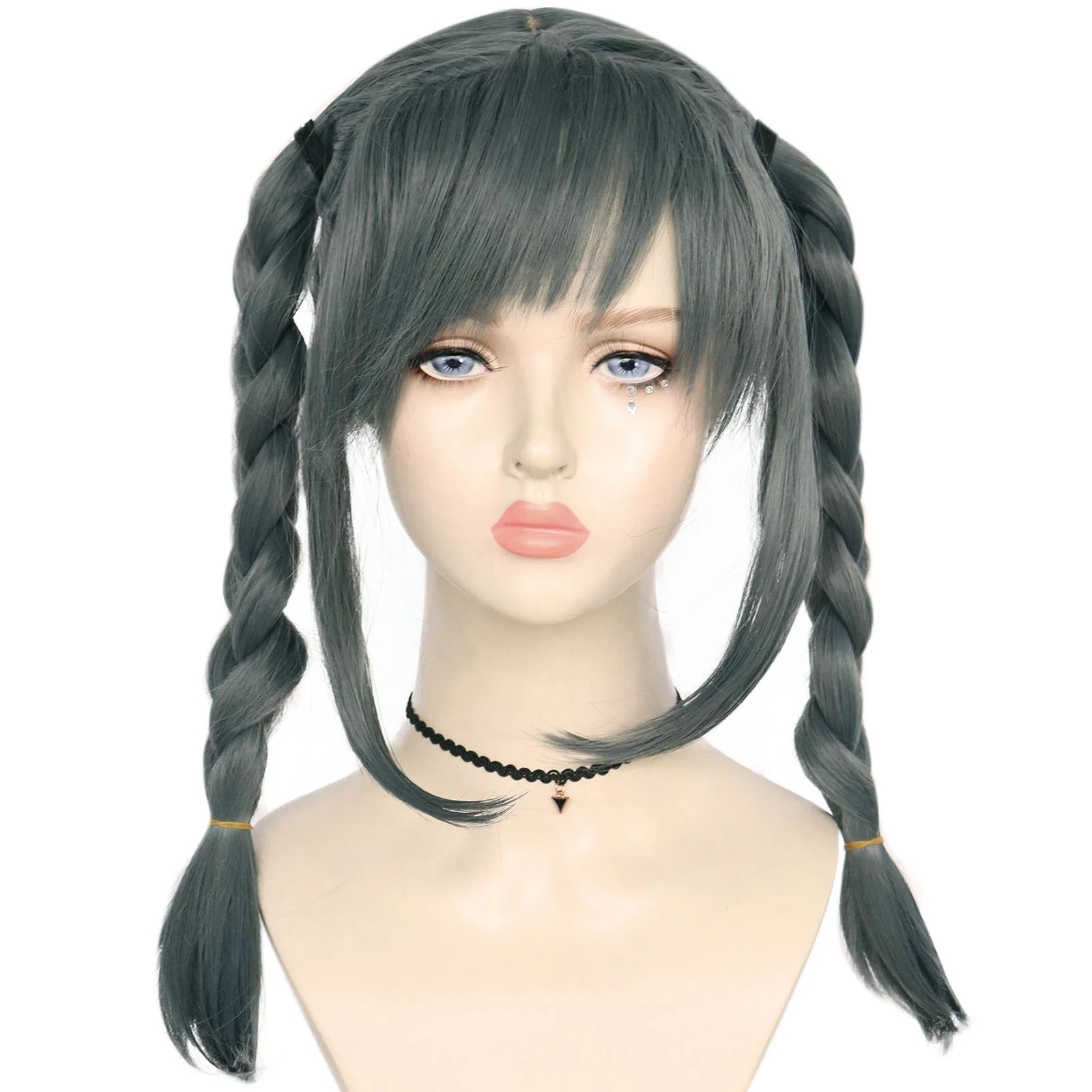 

Long Gray Gothic Cosplay Wig with Thick Braided Pigtails & Bangs, Heat Resistant Synthetic Hair Wig for Women Halloween Party
