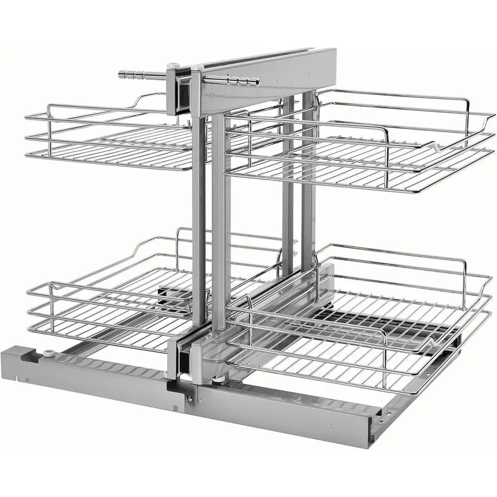 Two-Tier Wire Bottom Pullout Organizer, Adjustable 4-Basket Storage System for Kitchen Cabinets, Min Opening Width 15