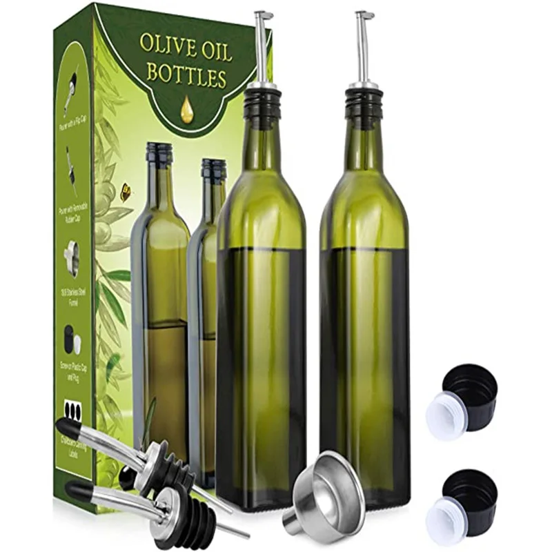 17 oz Glass Olive Oil Bottle Dispenser 500 ml Green Oil and Vinegar Cruet with Pourers and Funnel Olive Oil Carafe Decanter