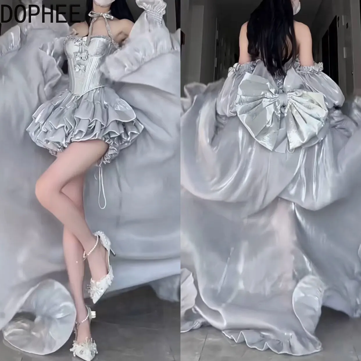High Quality New Summer Birthday Dress Princess Fluffy Dress Candy Color Sexy Off Shoulder Detachable Large Bow Trailing Dresses
