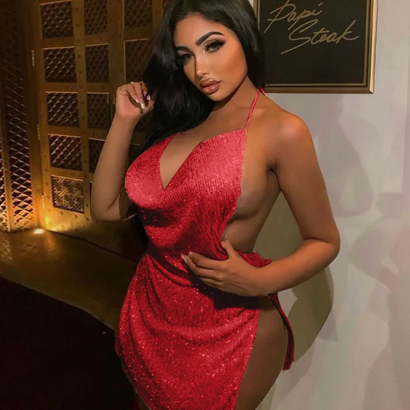 Women's Sexy Backless Hollow Out Halter Neck Bodycon Short Dress Deep V Evening Party Sleeveless Backless Club Mini Dress Women