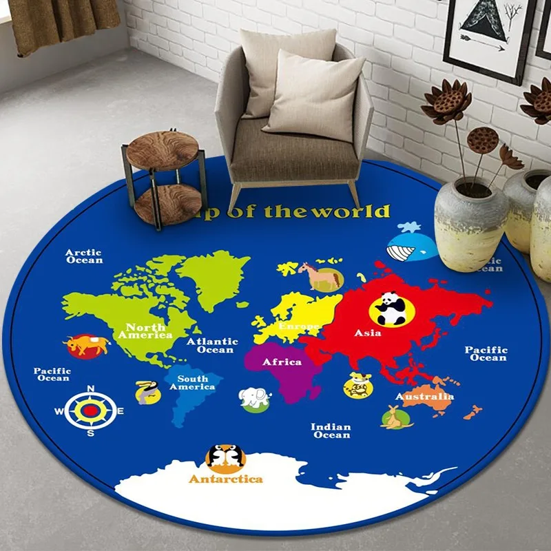 Cartoon World Map Round Carpet,Door Mat,Children Bedroom,Bedside,Sofa Area Rug,Home Living Room,Soft Flannel,Anti-slip Floor Mat