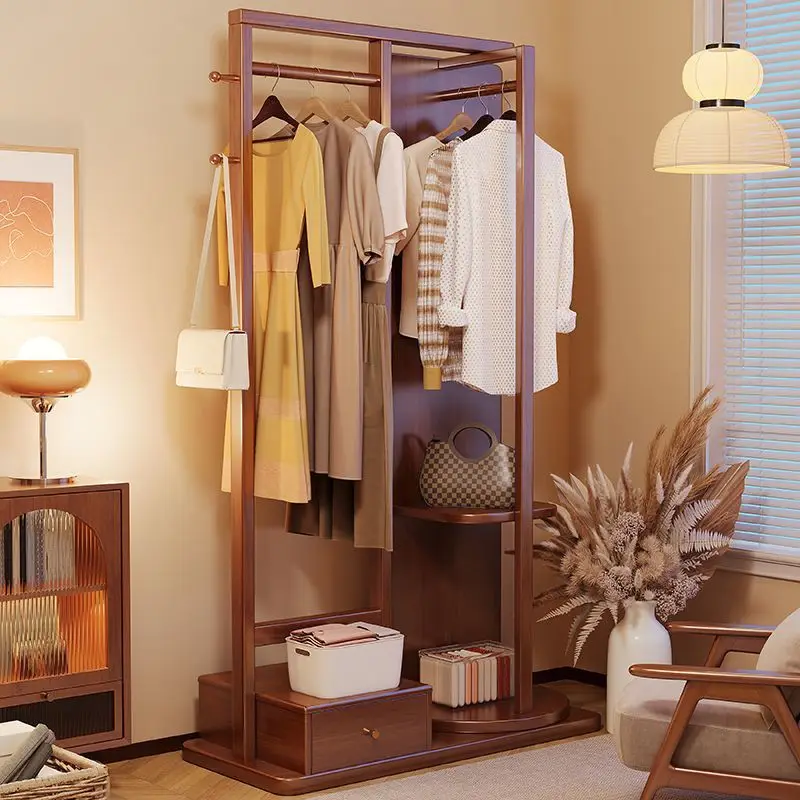 Rotatable bedroom large capacity hanging clothes storage rack All solid wood coat rack with mirror integrated home use